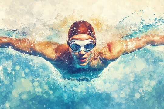 A watercolor-style depiction of a swimmer emerging from the water, with splashes blending seamlessly into the background.