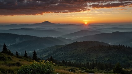 Fototapeta premium Majestic sunrise over a mountain range. Lush valleys, misty peaks, and vibrant sky colors create a breathtaking scene