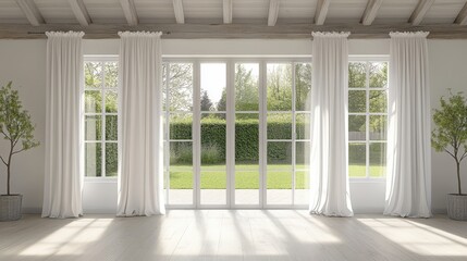 Fototapeta premium Sunlit room with large windows, white curtains, and wooden beams