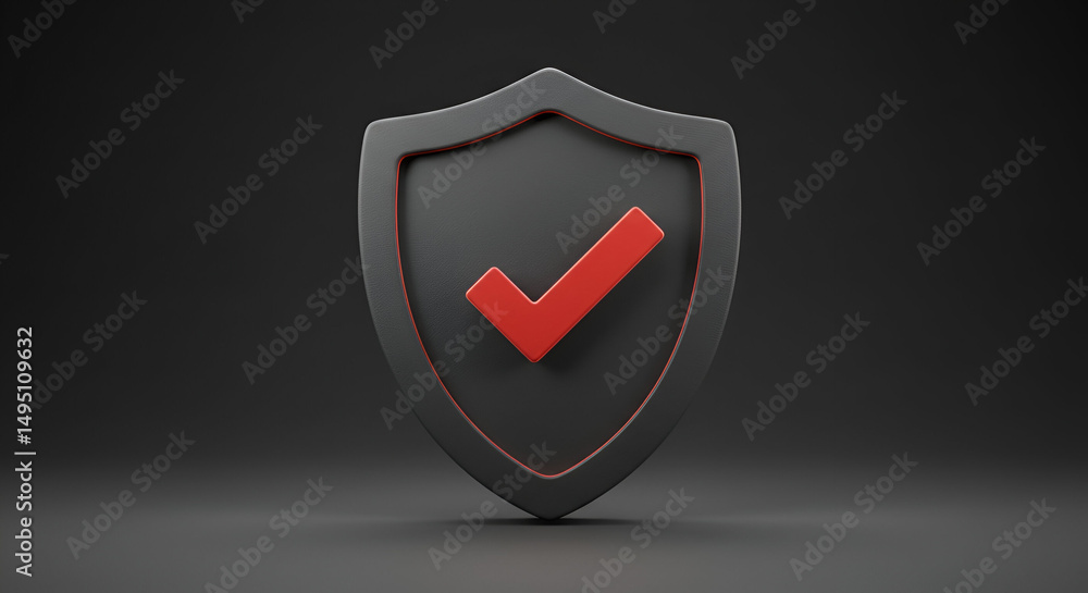 Poster 3d model of a dark gray shield with a red checkmark, presented on a dark gray background. abstract g