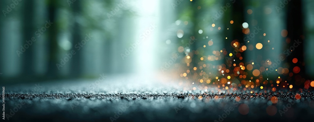 Poster a bright light shines at the end of a dark forest path with glitte specks of light on ground.