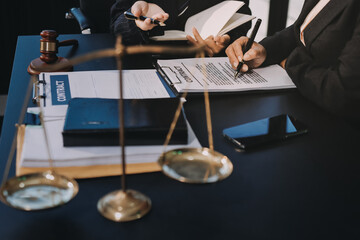 Judge gavel with Justice lawyers, Business woam in suit or lawyer working on a documents. Legal law, advice and justice concept..