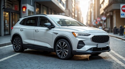 Urban car mockup with blank advertising wrap parked on city street