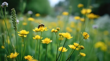Obraz premium Bee Collecting Nectar in Colorful Spring Field