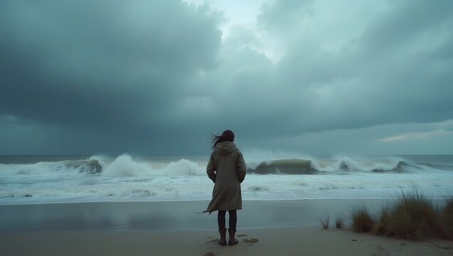 Woman Standing on a Moody Beach During Stormy Weather at Dusk