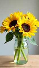 A charming sunflower arrangement in a clear glass mason jar, simple elegance , petals, summer blooms