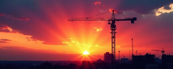 Dramatic sunset hues backdrop for lone crane silhouette at construction site , horizon, progress