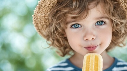 Sunny day bliss child relishing ice cream in a lush meadow