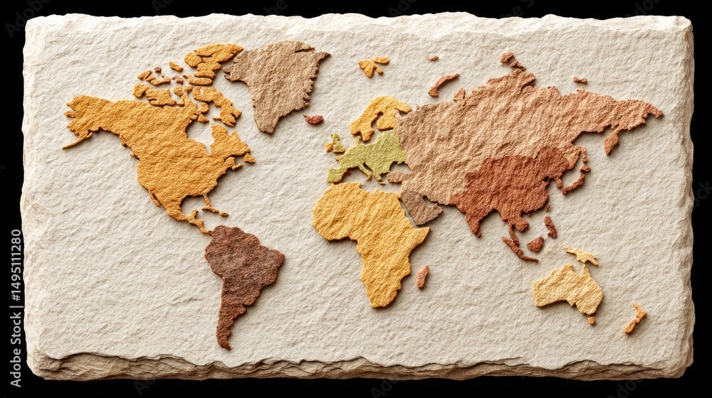 Poster textured world map showing the continents in earthy tones of brown and beige on a stone background.