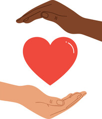 Heart protection hands caring love symbol illustration with diverse skin tones vector design 