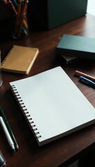 Dark wood desk, open notebook, scattered supplies , notebook, clean
