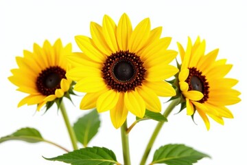 Naklejka premium Three vibrant yellow sunflowers, summer bouquet, isolated white background, photography, bloom, floral