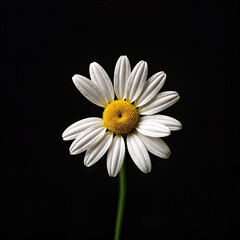 Single white daisy with yellow center on black background