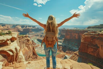 Tourist enjoying freedom in dead horse point state park, opening arms in front of breathtaking canyon landscape