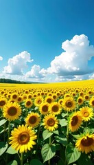 Fototapeta premium Vast sunflower field, fluffy clouds drift across a vibrant blue sky , flowers, sunflowers, rural
