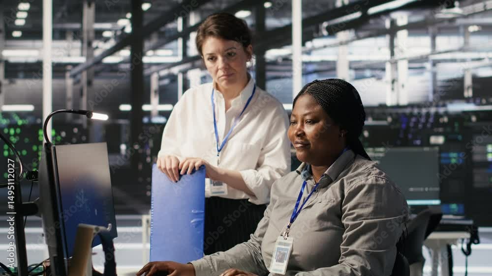 Poster happy data center manager pleased by work done by team integrating ai automation tools in infrastruc