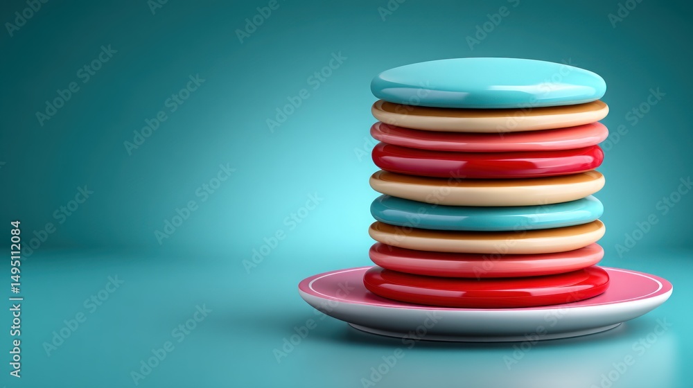 Aufkleber Colorful Stack of Round Discs on Plate Teal Background Abstract Design