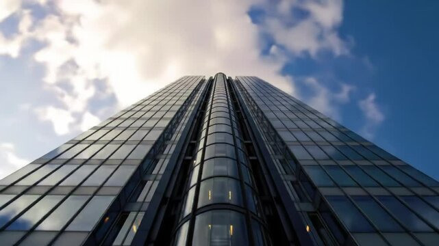 A tall, modern glass skyscraper is prominently featured, reaching upward against a bright blue sky with scattered clouds. The reflection of the sky enhances its sleek design.