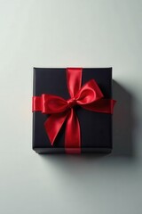 Elegant black gift box with red ribbon, top view, sophisticated, online shopping, product photography