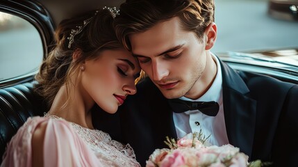 tender embrace between a young romantic couple in a vintage car, the man dressed in a stylish suit and the woman in a delicate pink gown, both cuddling with their eyes closed.