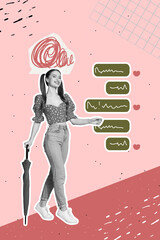 Image vertical 3d collage poster of happy girl guy stand bubble receive message communication icon...