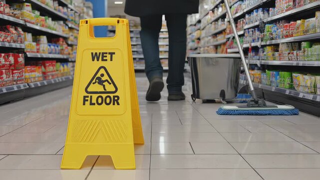 Supermarket worker maintaining floor safety by placing yellow caution sign and mopping wet surface, preventing potential slip hazards during routine cleaning process