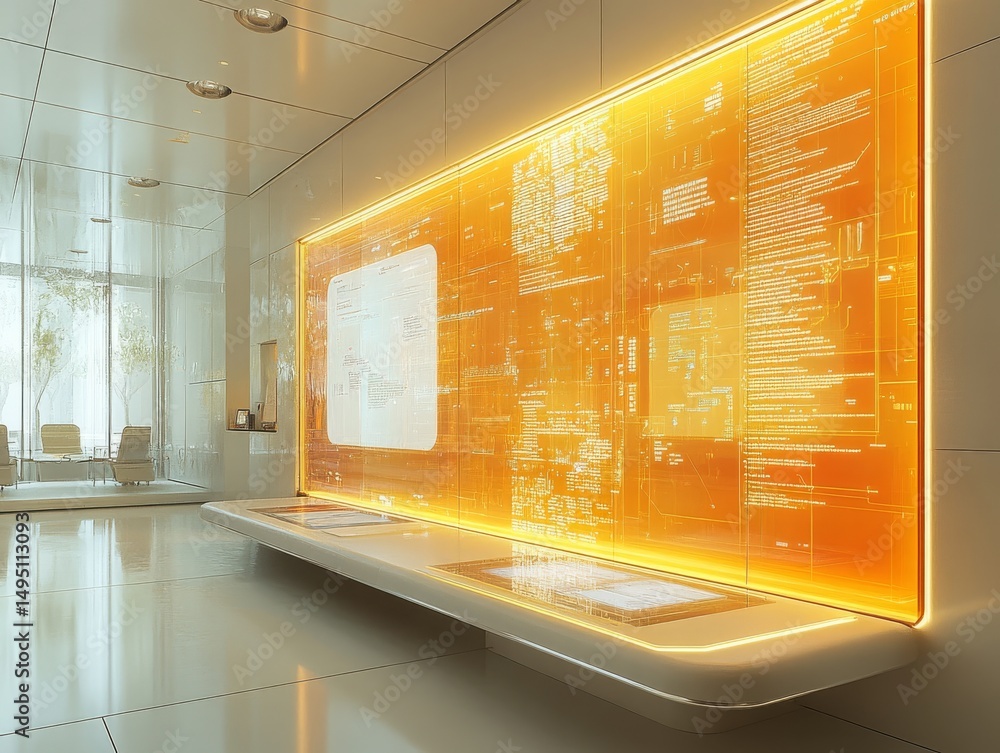 Poster illuminated data: a glimpse into a futuristic tech workspace, featuring glowing display screens show
