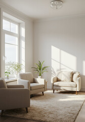 Light-Beige living room featuring two armchairs and a rug in a modern style. Natural light streams in through a large window, highlighting the neutral tones and minimalist decor.