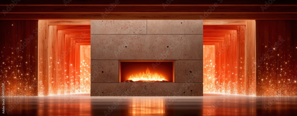 Poster an inviting fireplace creates a warm ambiance within a modern architectural design and tunnel effect