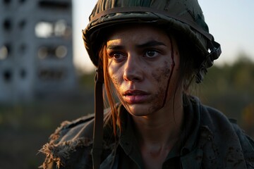 Wounded Female Soldier in War Zone at Sunset