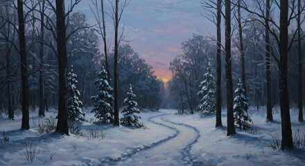 Obraz premium Winter Wonderland Trail: A serene winter landscape, a path through a snow-covered forest leading towards a beautiful sunset sky, evoking peace and tranquility.