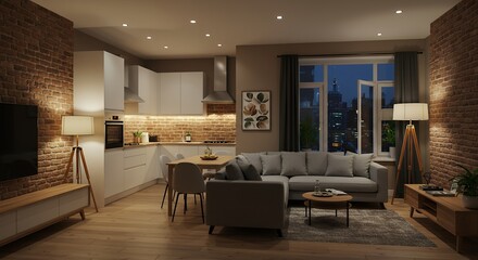 Stylish modern apartment interior showcasing exposed brick and captivating city views