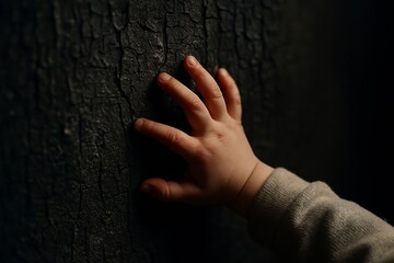 Child’s Hand Touching Charred Tree Bark – Symbol of Hope and Resilience