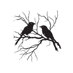 Vector illustration of two birds perched side by side on a tree branch isolated on white background.