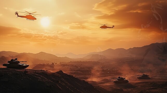 Tanks rumbling across a rugged terrain while military helicopters hover above during a dramatic sunset. - Powered by Adobe