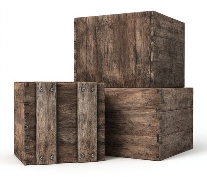 Three weathered wooden crates