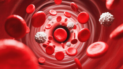 Detailed Blood Vessel with Flowing Erythrocytes and Leukocytes in Active Motion
