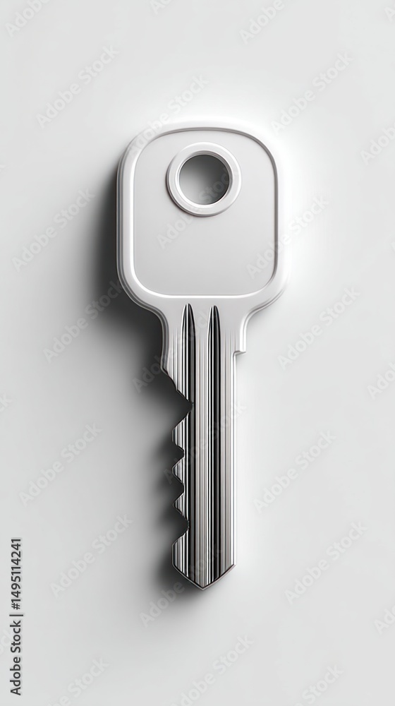 Poster a simple silver metal key is isolated on a white background casting a shadow for graphic design elem