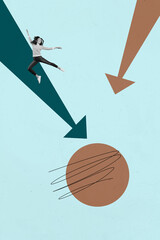 Trendy 3d poster image photo collage of inexperienced businesswoman businessman stand arrow decline regress statistics down
