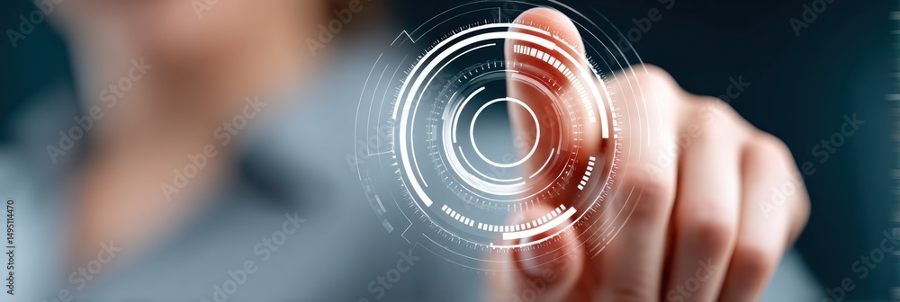 Aufkleber person pressing illuminated futuristic interface on a transparent digital touch screen panel in the 