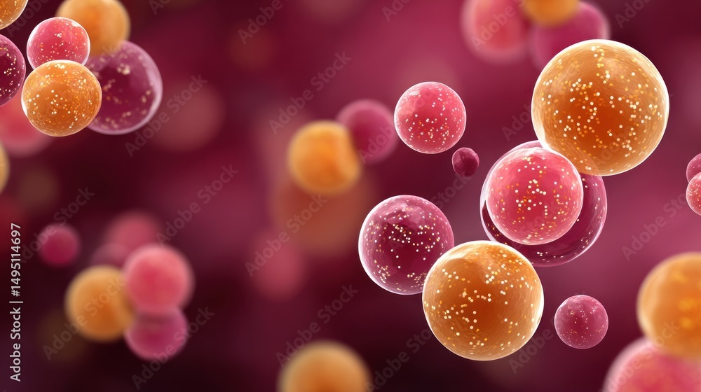 Poster Abstract Background with Shimmering Pink and Orange Spheres Floating in Space