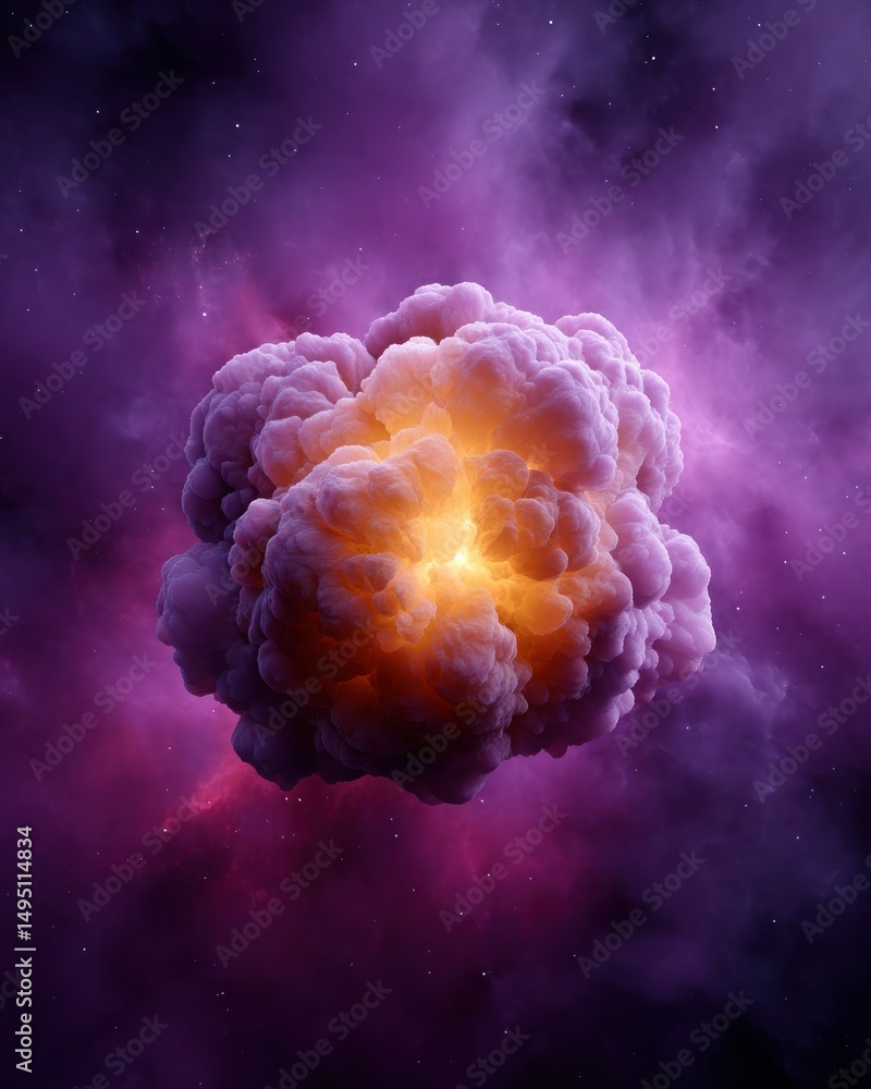 Poster a vibrant cosmic cloud with bright center glows amidst a purple and magenta nebula in deep outer spa