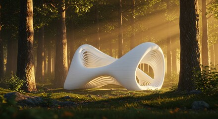 Modern white 3d printed sculpture nestled within a tranquil forest ambiance