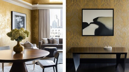 Interior design of a modern living room and dining area.