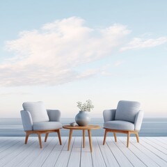 Pair of elegant chairs placed on a natural wooden floor creating a stylish and inviting beach lounge atmosphere perfect for relaxation and socializing