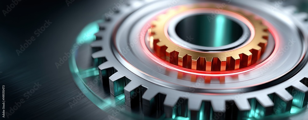 Poster precision metal gears interlocking system close up detailed engineering technology