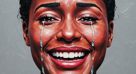 Tears of Joy: A portrait of pure emotion, showcasing a person's face overwhelmed by the bittersweet blend of tears and a radiant smile, a captivating moment of unfiltered feeling.