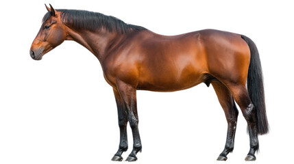 Obraz premium Bay Horse Portrait: A majestic bay horse stands proudly, showcasing its sleek chestnut coat and powerful physique. Its mane and tail flow effortlessly.