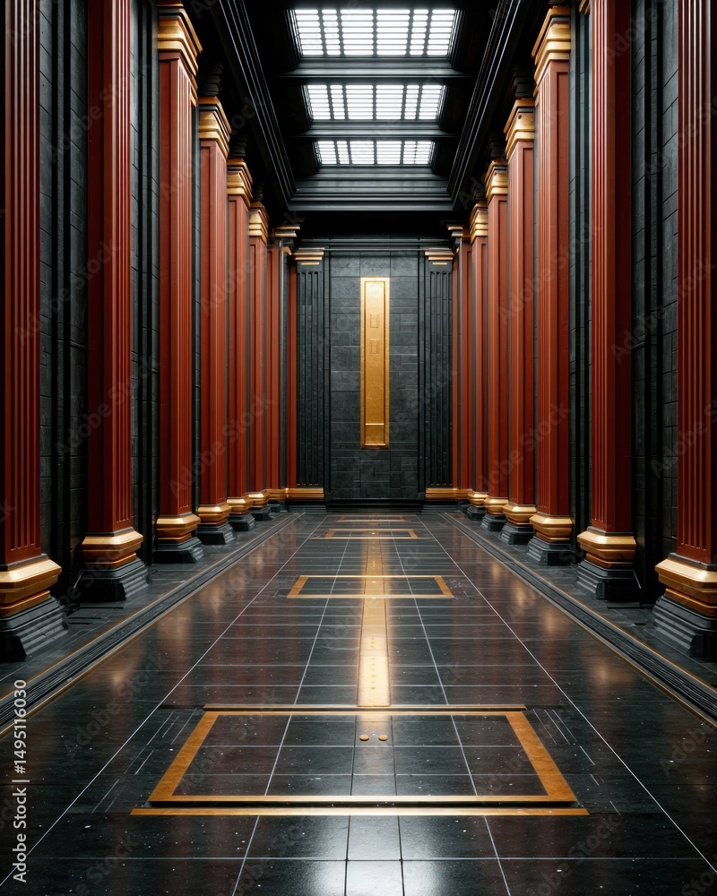 Poster elegant corridor features polished marble floors with gold accents and symmetrical classic columns d