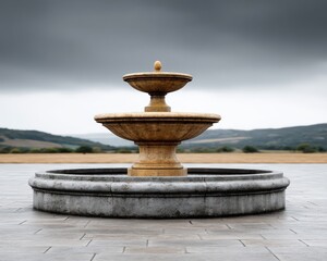An ornate stone fountain stands gracefully outdoors against an expansive field and a dramatically clouded sky.
